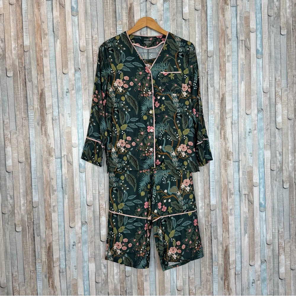 Rifle Paper Co. Forest Green Floral Satin Pajama Set with Pink Trim - Picture 2 of 12